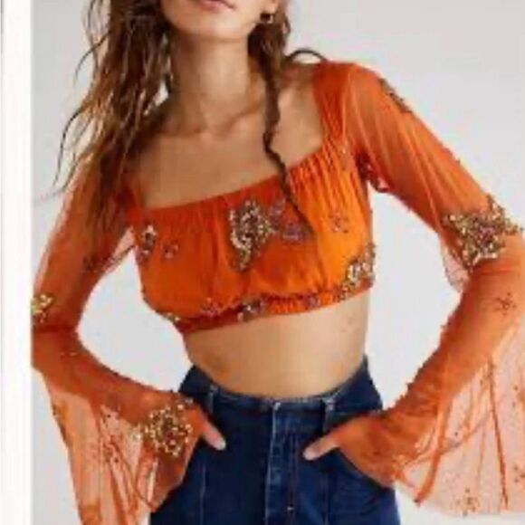 Free People Summer Spice Mesh Beaded Crop top Clay Festival Rare NWT size M - Picture 1 of 9